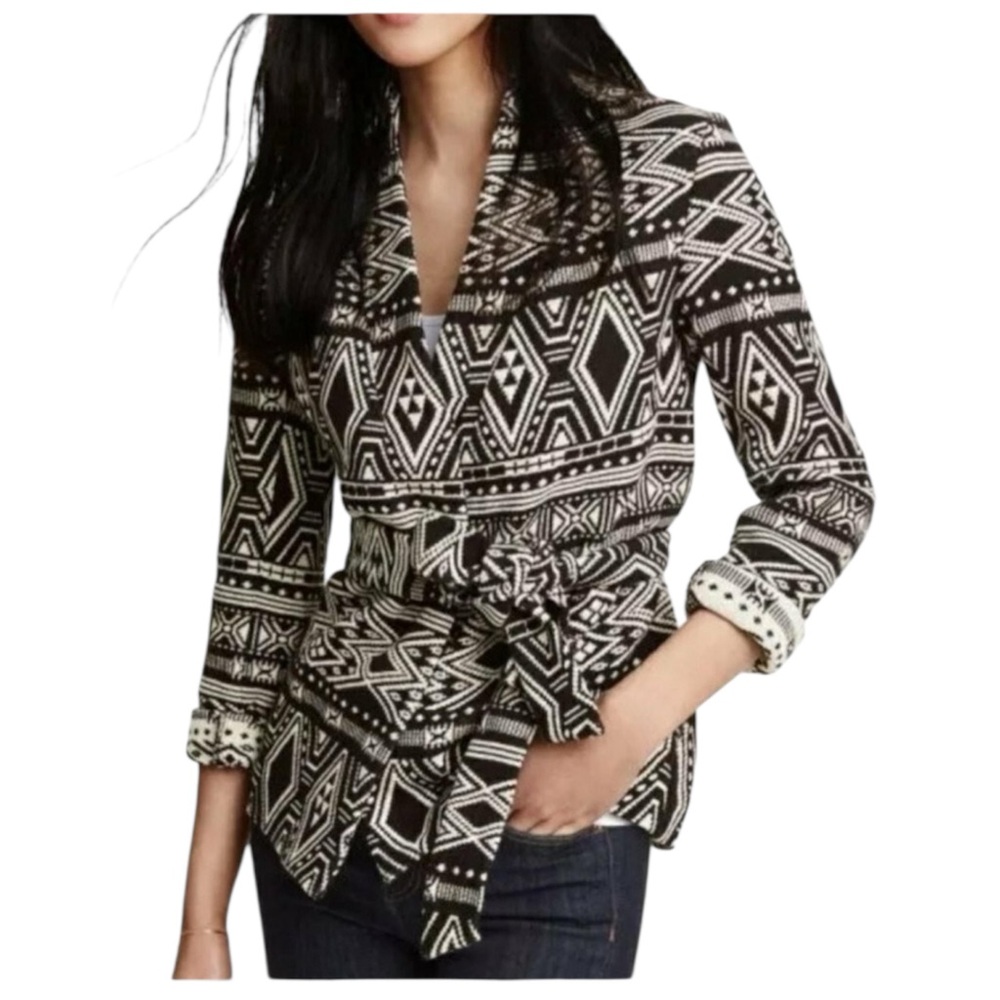 H&M Conscious Aztec Pattern Jacket w/ belted waist Black&White woven cotton 4